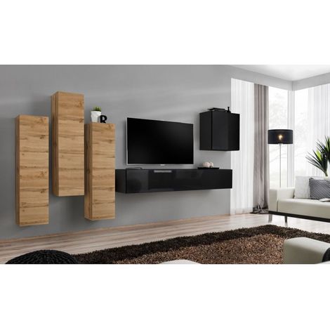 Ensemble mural - Switch III - 3 vitrines verticales - 1 banc TV - 1 vitrine carrée - Bois et noir - Modèle 1 - Livraison gratuite