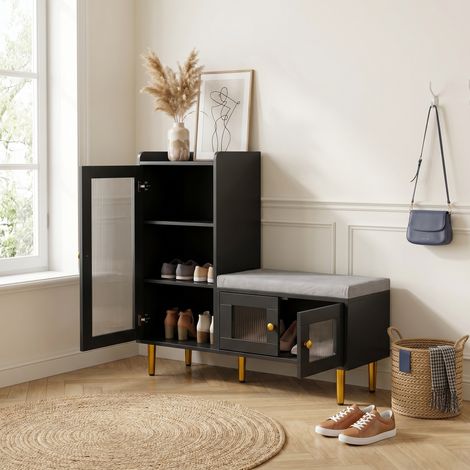 Schuhschrank mit Sitzbank 100x35x94 cm, geriffelte Glastür, moderner Flurschrank mit Stauraum, Schwarz