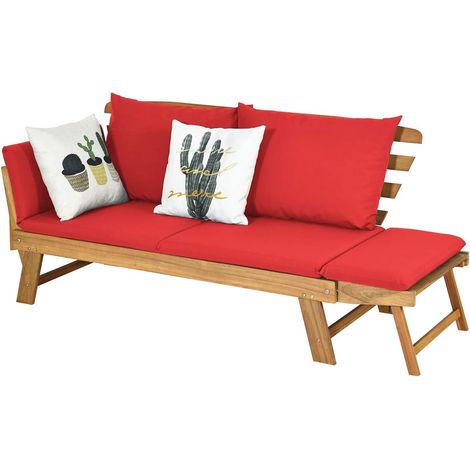 COSTWAY Divano Letto 2 Posti da Esterno in Legno di Acacia con Braccioli Regolabili, Sdraio da Giardino con Cuscini, per Giardino, Piscina, Cortile (Rosso)