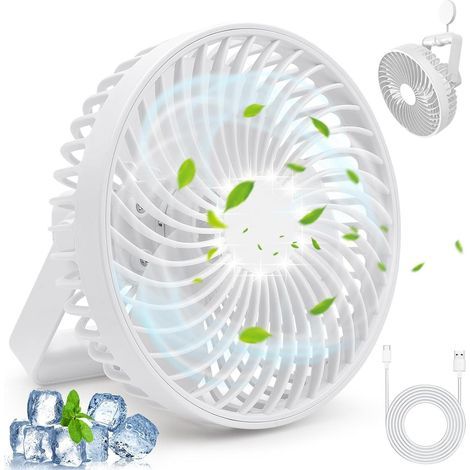 Ventilateur de bureau USB silencieux et puissant : ventilateur personnel rechargeable à 4 vitesses avec lumière LED