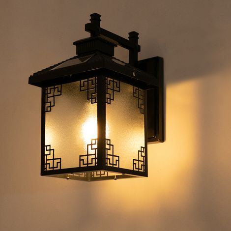 37cm Applique murale noire de style néo-chinois, applique murale solaire d'extérieur, applique murale à double source d'énergie, Luminaire (1/5)