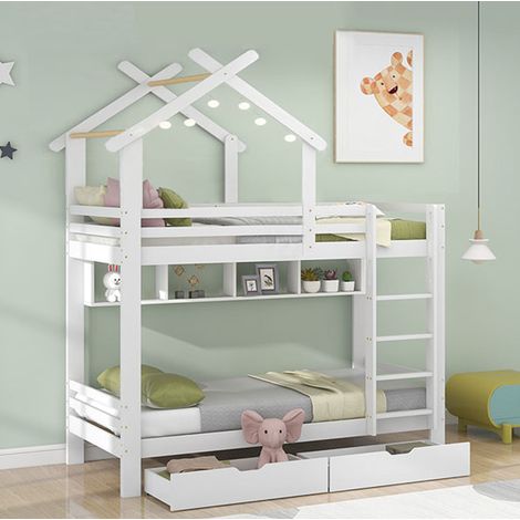 CHICFURN Litera infantil 90x200 cm de madera blanca con almacenaje, sin colchón (1/5)