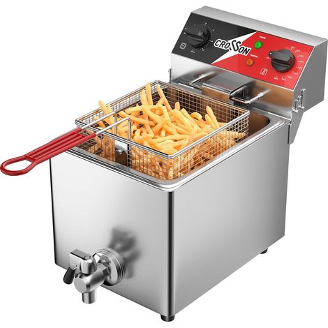 Friteuse électrique 6L avec vidange d’huile, minuterie de 30 minutes, réservoir d’huile de formage par étirement, couvercle et panier en treillis métallique solide (1/5)