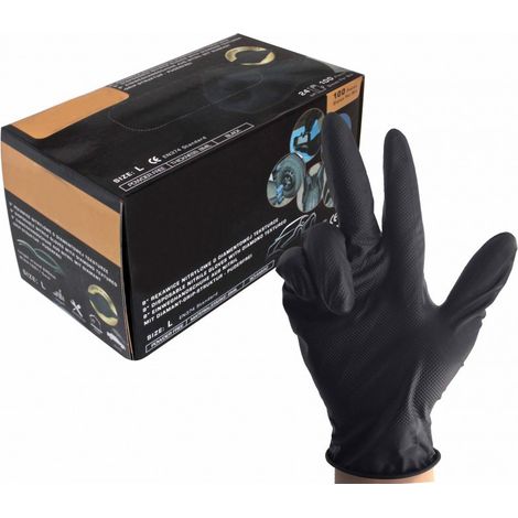 Caja 100 Guantes de Nitrilo Diamantados super resistentes negros Talla XL para taller mecanico,industria,bricolaje,etc….