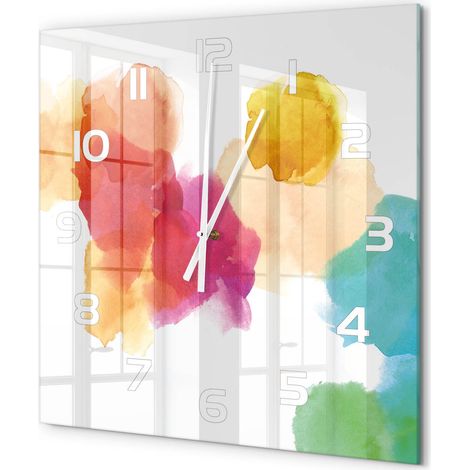 Grande Horloge Murale Carrée Verre Trempé Design Épuré Silencieuse pour Intérieur Taches colorées 60x60 cm (1/5)