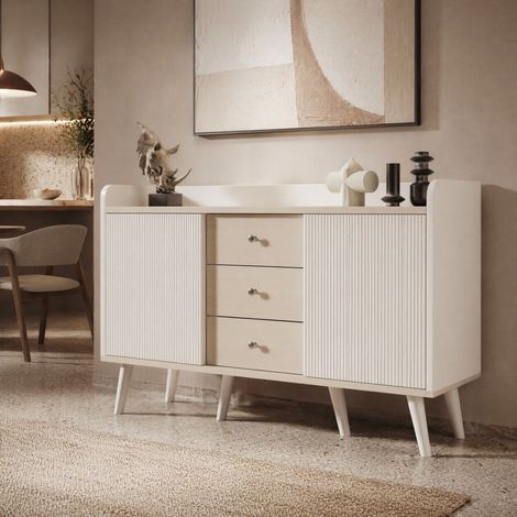 MEUBLIV Buffet 117,5 cm blanc et bois – 3 tiroirs, portes coulissantes (1/5)
