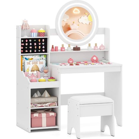 Tavolo da toeletta per bambini con specchio e luce, bianco, contenitore e sgabello
