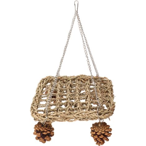 Balançoires en jonc de mer pour oiseaux, sûres et saines, fabriquées à la main, pour lutter contre l'ennui. Jouets muraux à mâcher avec chaînes et pommes de pin. (1/5)