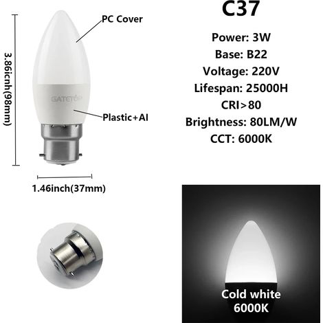 (C37 3W B22 6000K) Lot de 10 ampoules LED, adaptées à la décoration intérieure, au bureau et à la salle de bain. (1/4)