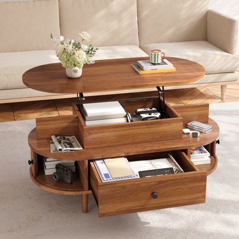 Tavolino da caffè sollevabile ovale con contenitore - 105 x 50 x 60,5 cm - per soggiorno - in mdf e gambe in legno massello - noce (1/5)