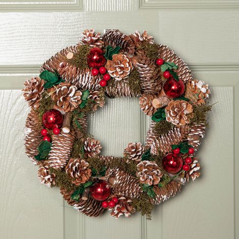 36cm Hanging Christmas YuleFest Wreath with Red Baubles & Snow Tipped Pine Cones (1/5)