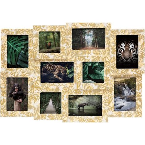 Pêle-mêle en bois avec motifs feuilles 10 photos "Théodor" - Blanc et Jaune - L 60 x H 42 cm - Livraison gratuite (1/3)