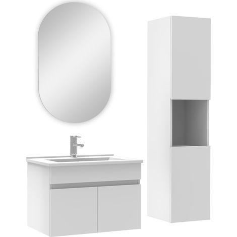 Océan ensemble Salle de Bain avec colonne et miroir ovale 60cm meuble blanc (1/4)