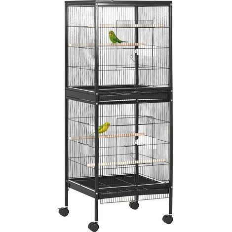 Cage à oiseaux à 2 niveaux avec roulettes, plateaux amovibles, portes, mangeoires, perchoirs, 51,5 x 50 x 140 cm, noire