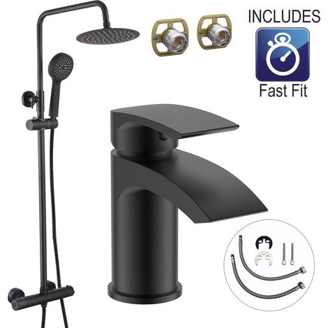 Round Black Thermostatic Dual Control Twin Head Shower Mixer + Kit + Tap (1/5)