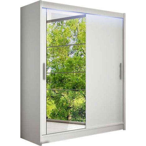 Armario Closico 112, Blanco, 200x150x58cm, Puertas de armario: Correderas, Número de estantes: 5, LED