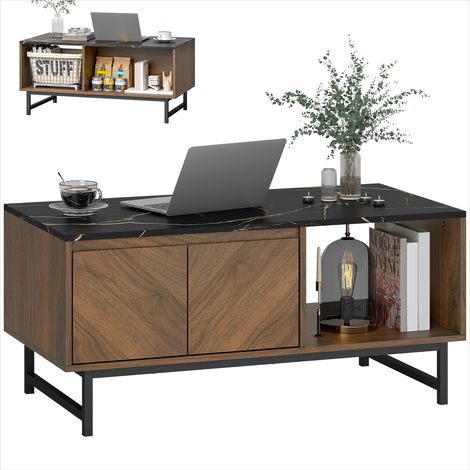 Table basse rectangulaire noyer et effet marbre noir, 2 portes et 2 niches, 100 cm, design contemporain (1/5)