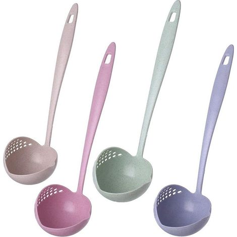 Cuillère à soupe en paille de blé 2 en 1, cuillère à flocons d'avoine, cuillère de service, passoire à trous pour soupe au fromage, chili, sauce, vinaigrette, lot de 4, motif ours fraise (1/5)