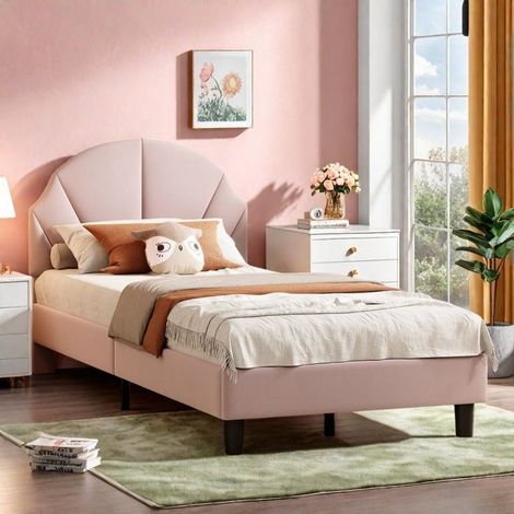 Cama infantil 90x190 cm, Cama para niña con cabecera, Estructura de cama 90x190 cm, Cama individual de terciopelo, Somier, Altura ajustable, Rosa (1/5)
