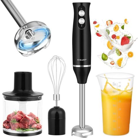 Mixeur plongeant électrique 500W 2 vitesses – Fouet, hachoir 500ml, verre doseur 700ml – Pour soupes, purées, smoothies - 4-en-1 (1/5)