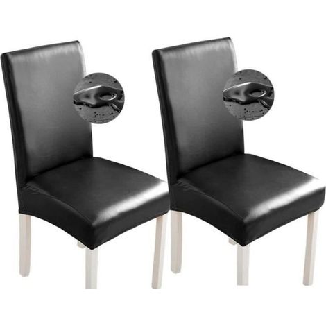 Housse de chaise - Universelle - Lot de 2 - Cuir synthétique - Imperméable - Stretch - Noir (1/4)