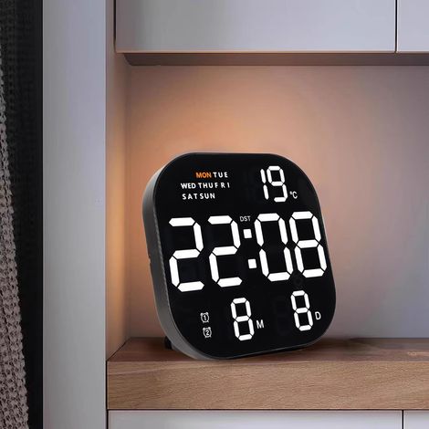 Multifunktionale elektronische Uhr mit großem LED-Display, geräuschlosem Betrieb, Fernbedienung, Monatsanzeige und integriertem Nachtlicht, 5 V, Wandmontage möglich, USB-Anschluss. Thermometer- und Na (1/5)