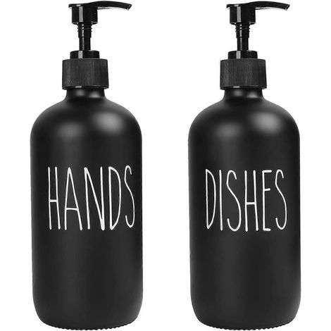 Ensemble de 2 distributeurs de savon, comprenant un distributeur de liquide vaisselle et un distributeur de savon en verre de 473 ml avec pompe (noir) (1/5)
