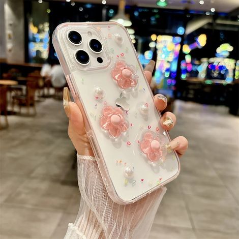 Coque de téléphone 3D à motif floral mignon (iPhone 15, rose), compatible avec iPhone, protection antichoc