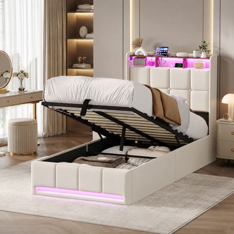 Lit coffre 90×200 cm,lumière LED,port USB/Type-C,lit simple capitonné,rangement hydraulique,tête de lit avec rangement,cadre de lit 90×200,style moderne,sommier à lattes,lit adulte,lit ado,Lin,Beige (1/5)