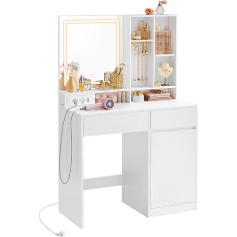 Toeletta con specchio e luce tavolo da trucco 40 x 90 x 138 cm cassetto ripiani regolabili presa di corrente portaoggetti per gioielli per camera da letto bianco nuvola 120005158