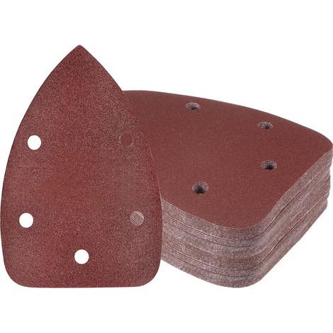 Packung mit 50 dreieckigen Schleifscheiben für Detailschleifer – Körnung 150, 9 x 14 cm, 5-Loch-Klettrücken, Aluminiumoxid zum Schleifen und Polieren von Holz und Möbeln (1/5)