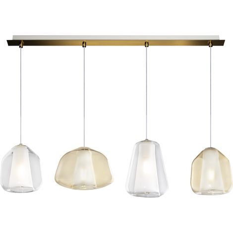 Lampadario Contemporaneo Double Skin Metallo Ottone Vetro Trasp-Ambra 4 Luci E27