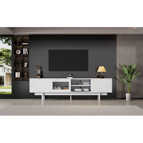 Meuble TV blanc 200 cm en bois aggloméré avec 2 portes dont une en verre trempé et 2 tiroirs pour salon et séjour (1/5)