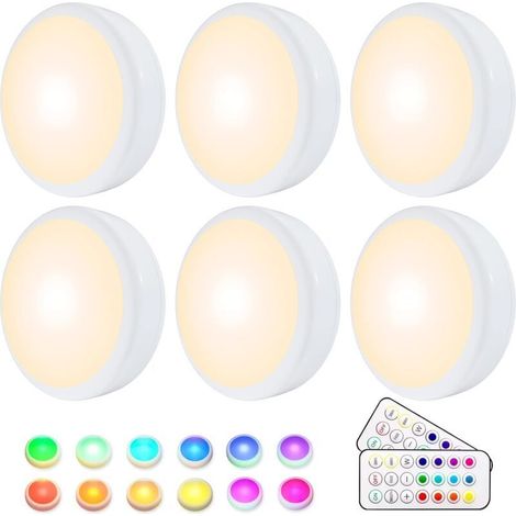 Lampe de Placard, Lampe LED Veilleuse RGB 16 Couleurs Sans Fil, éclairage d'escalier et de jeu à LED, avec 2 Télécommandes et Fonction de synchronisation, Paquet de 6 [Classe énergétiq (1/3)