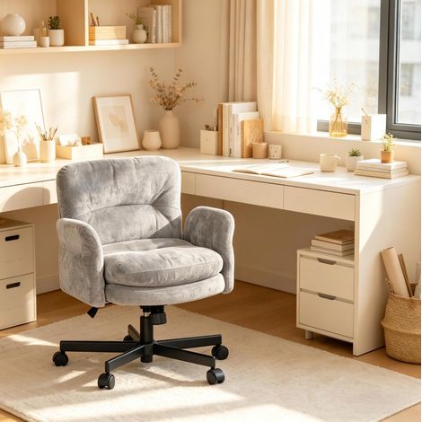Silla de oficina gris con ruedas, giratoria 360° y altura regulable OKMYHOME (1/5)