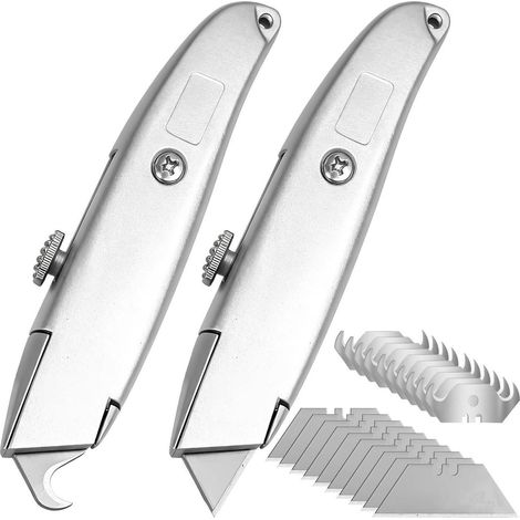 2er Set Teppichmesser mit Haken- & Trapezklingen, Aluminium, für Bodenbeläge