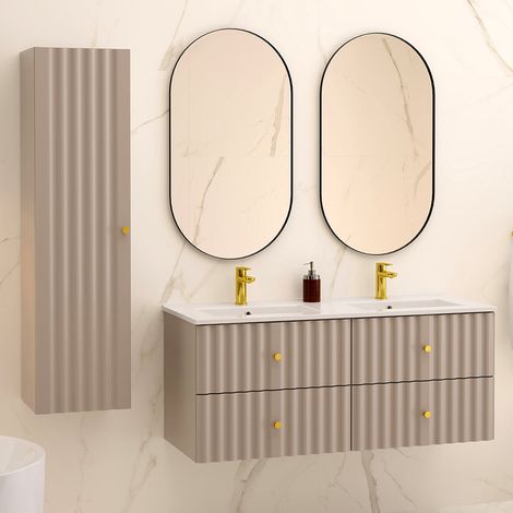Petits-Meubles – Ensemble meuble double vasque encastrée 120 cm – Colonne Izae Cachemire – Façade MDF 18 mm – Système de fermeture silencieuse (1/5)