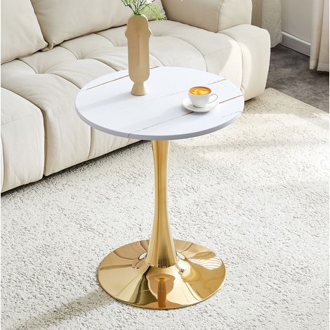 Runder Beistelltisch (76x73.5x21.5 cm), Mid Century Stil, thermoformierte Tischplatte, MDF und Metall, Weiß Gold (1/5)