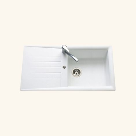 Évier résine blanc 100x50 cm – Évier encastrable 1 bac réversible – Équipements inclus : bonde, siphon, tuyaux d'évacuation – EWI