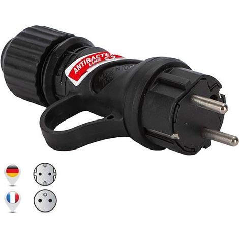 Spina francese/tedesca std. 2P+E 16A corpo nero IP44 con coperchio in gomma HI-PRO Antibatterica by Biocote contro il 99% dei virus Fanton 80052AB
