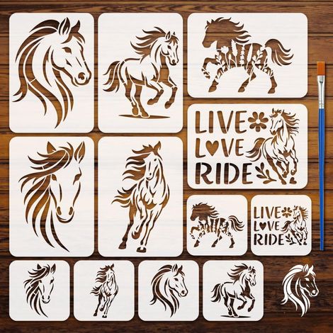 12Pcs Pochoirs Cheval Avec Pinceau Plastique 29,7x21 cm / 15x15 cm - Pochoir Tête de Cheval, Motif Animalier, Modèle de Dessin pour DIY Décoration Meuble, Mur, Sol, Tissu (1/5)