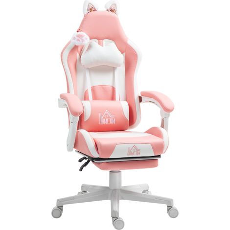 Silla gaming ergonómica rosa con reposapiés y orejas de gato HOMVRA (1/5)
