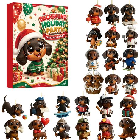 Calendrier de l'Avent de Noël Teckel, boîte surprise, pendentif chiot en acrylique, décoration pour sapin de Noël, coffret cadeau C