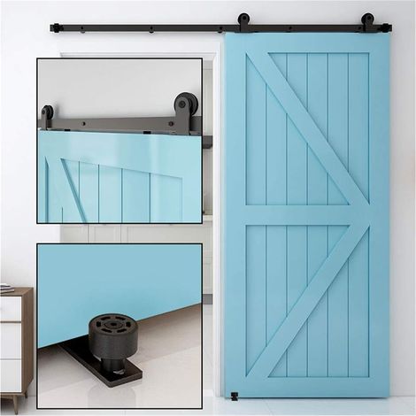 Kit de quincaillerie pour porte de grange Porte mobile silencieuse de grange, type T, Rail coulissant de 6.6 pieds, porte simple avec poulie, accessoires de quincaillerie d'arrêt pivotant Facile à ins (1/5)