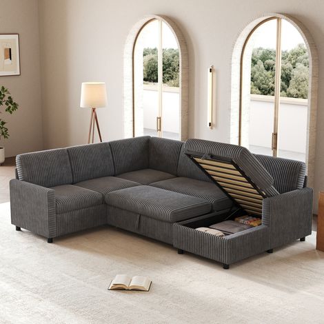 Canapé d'angle U 274x220x85 cm convertible avec coffre de rangement, structure stable, gros cordon - gris (1/5)
