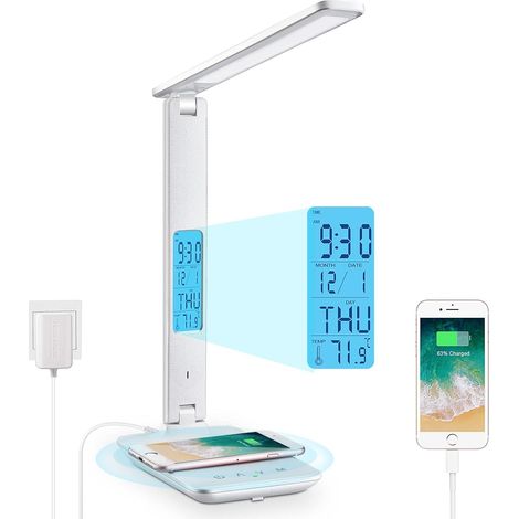 LED-Schreibtischlampe mit 10 W kabellosem Laden und USB-Ladeanschluss, 3 Farbtemperaturen, 3 Helligkeitsstufen, Touch-Steuerung, Zeit-, Temperatur-, Uhrfunktion fürs Büro zu Hause (1/5)