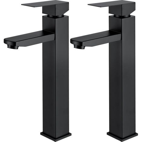 Zwei schwarze Badezimmerarmaturen, erhöhter Waschtischmischer, quadratischer Griff, abnehmbarer Edelstahl-Spültischhahn.