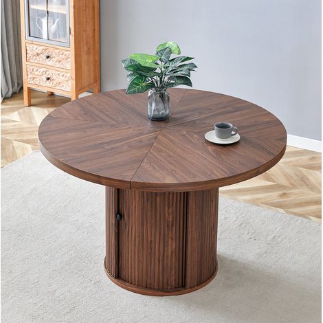 Table a manger ronde en MDF decor noyer, 115 x 74 cm, pied central avec rangement, 4-6 places (1/5)