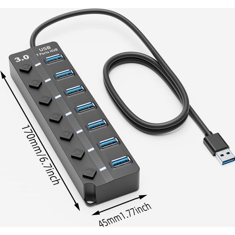 Concentrador USB 3.0, divisor de datos USB PANPEO de 7 puertos con cable de 90 cm, extensión USB para portátiles, ordenadores, Surface Pro, PS4/5, unidades flash, discos duros externos, con indicador 