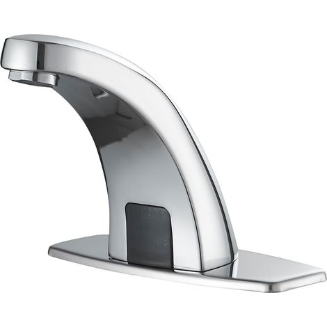 Robinet d'évier de salle de bain sans contact avec détecteur de mouvement infrarouge commercial, alimenté par batterie ou par branchement, robinet mélangeur chaud et froid, robinet mains (1/5)